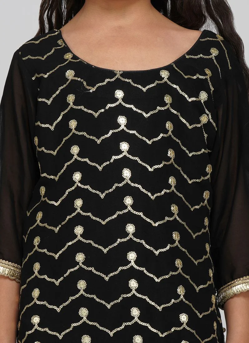 Kids Black Georgette Sequin Embroidered Suit Set - Image 4