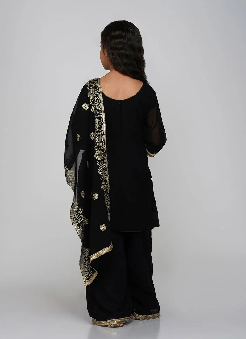 Kids Black Georgette Sequin Embroidered Suit Set - Image 5