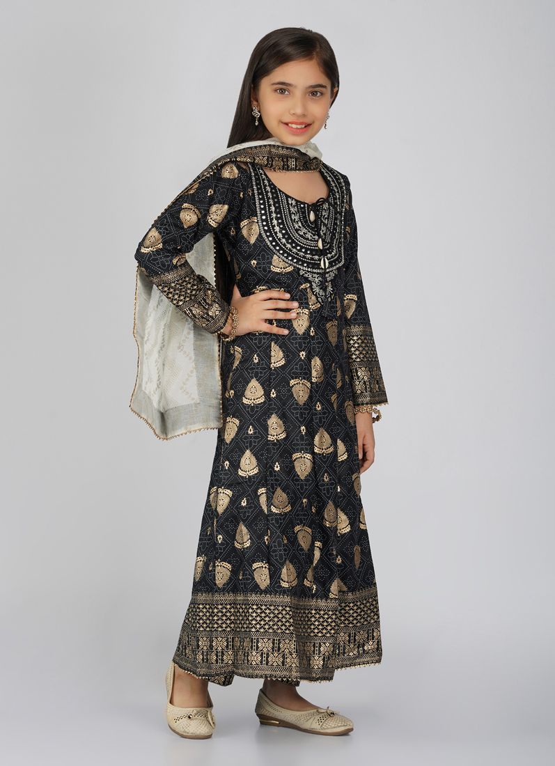 Kids Black Rayon Anarkali Suit Set - Image 2