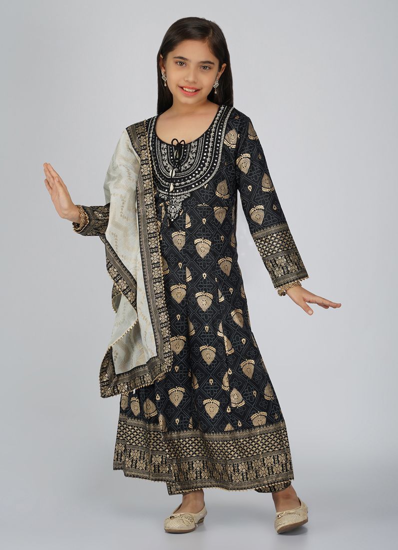 Kids Black Rayon Anarkali Suit Set - Image 3