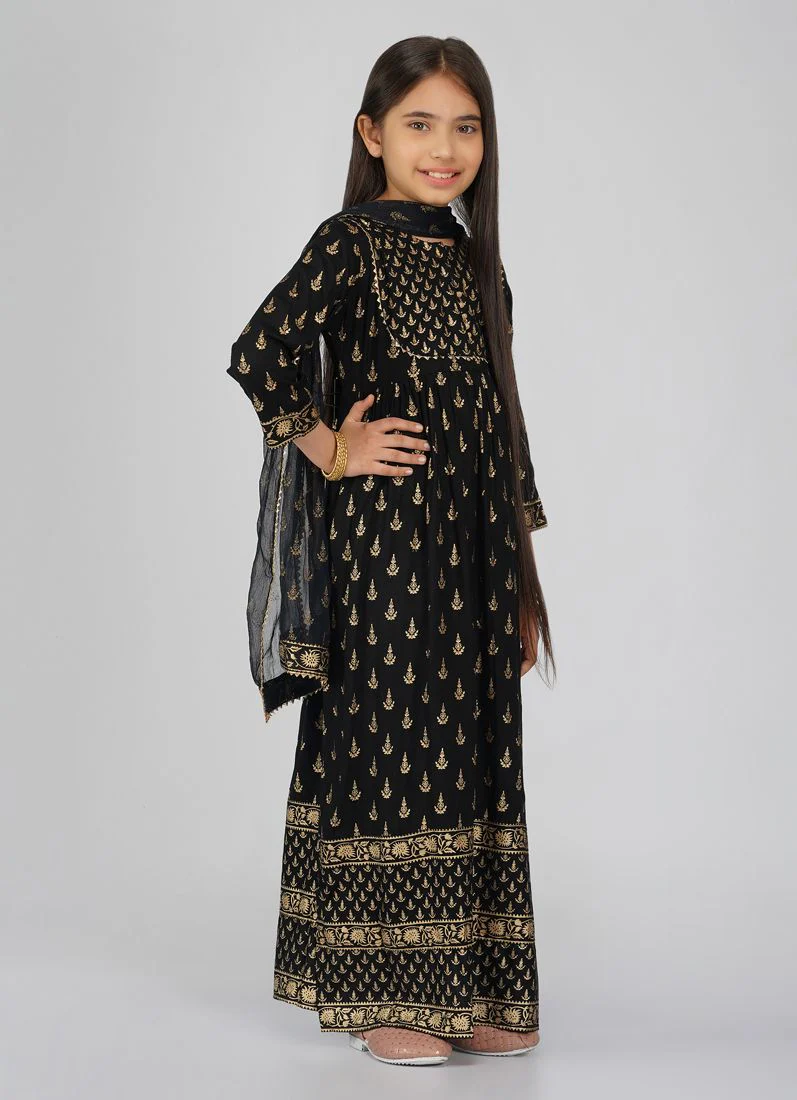 Kids Black Rayon Printed Bias Cut Suit Set - Image 3