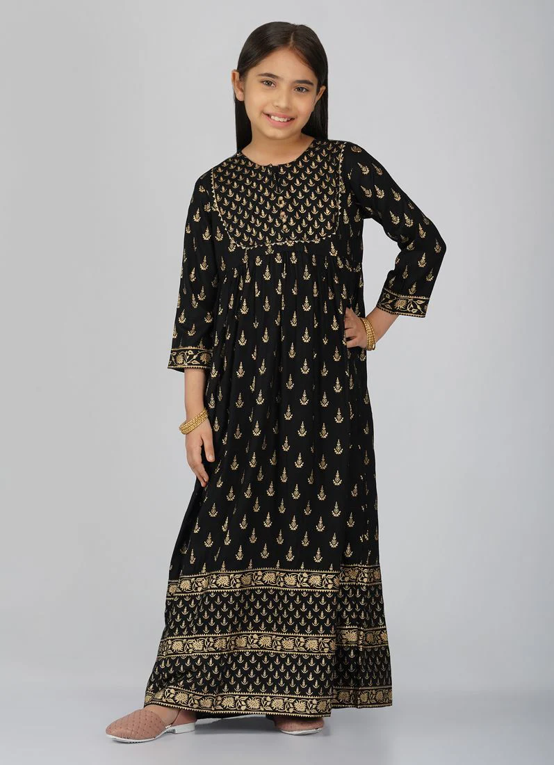 Kids Black Rayon Printed Bias Cut Suit Set - Image 4