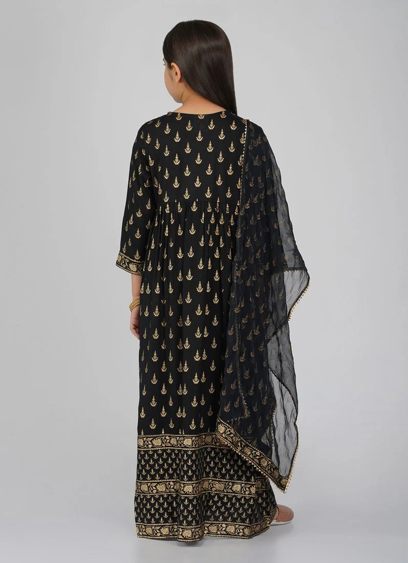 Kids Black Rayon Printed Bias Cut Suit Set - Image 5