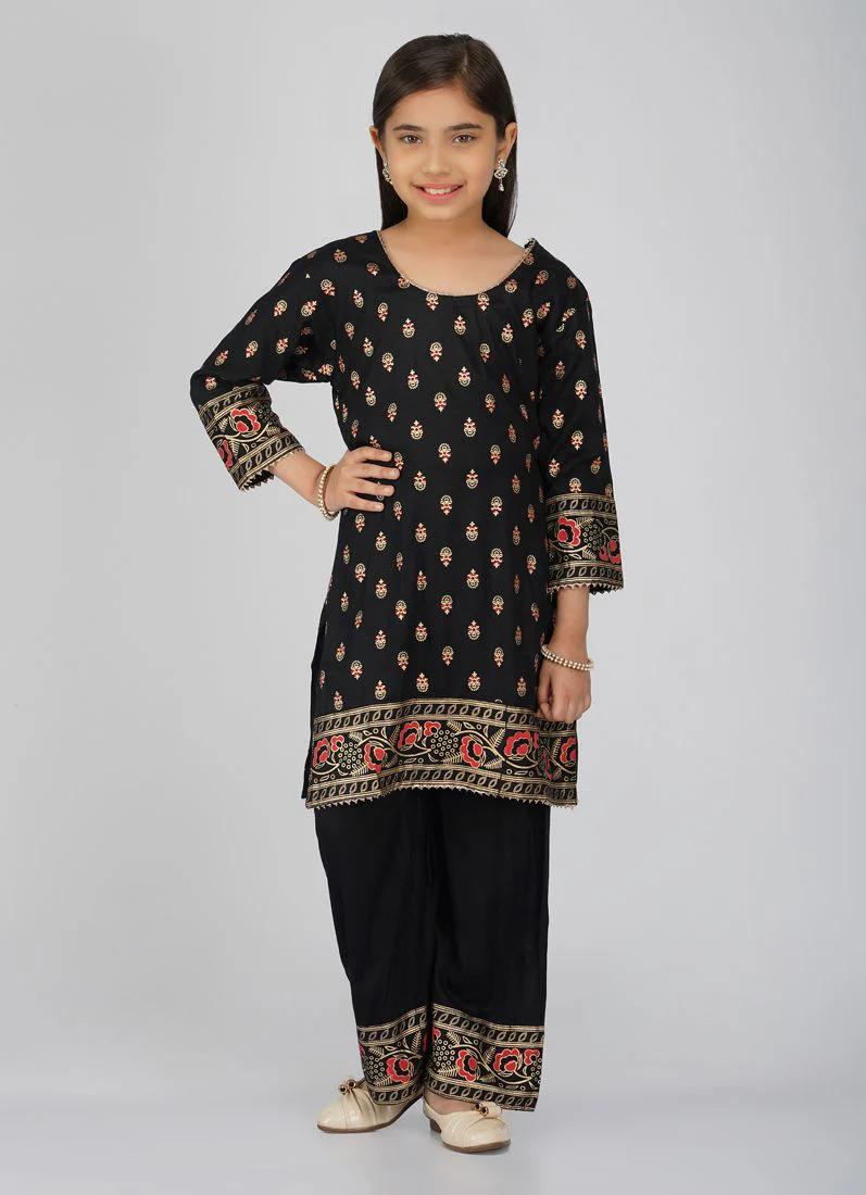 Kids Black Rayon Printed Red Dupatta Suit Set - Image 3