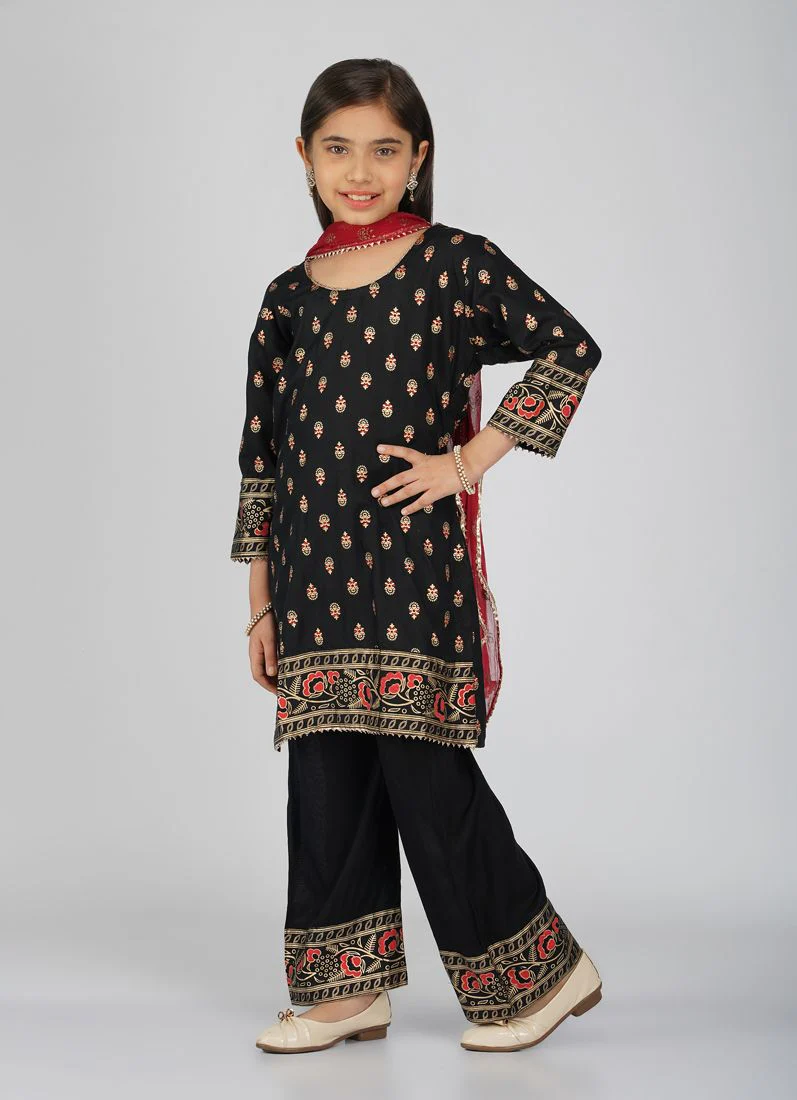Kids Black Rayon Printed Red Dupatta Suit Set - Image 4