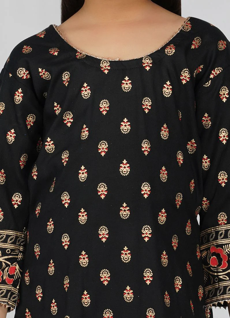 Kids Black Rayon Printed Red Dupatta Suit Set - Image 5