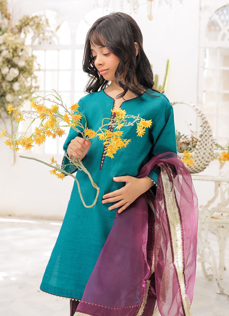 Kid's Blue-Purple Raw Silk Suit Set - Image 3