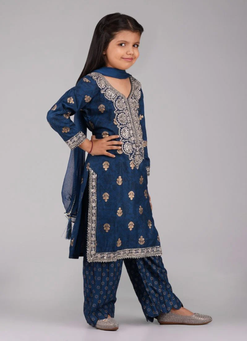 Kids Blue Rayon Gold Foil Straight Suit Set - Image 3