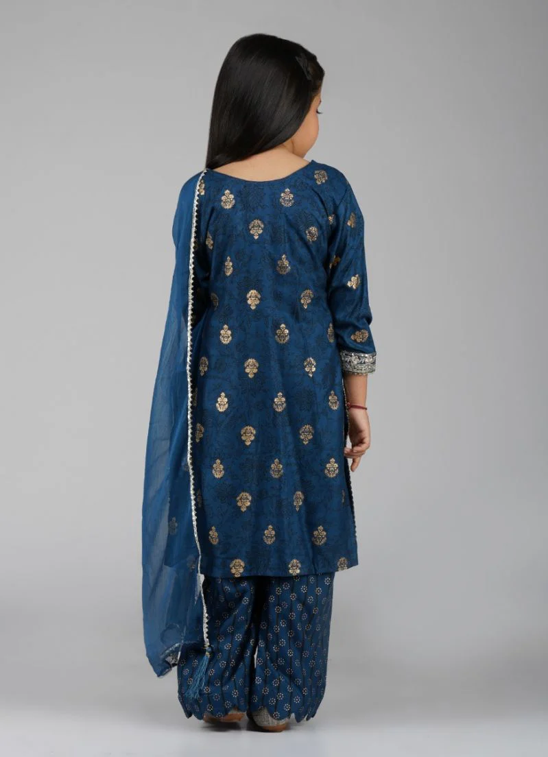 Kids Blue Rayon Gold Foil Straight Suit Set - Image 4
