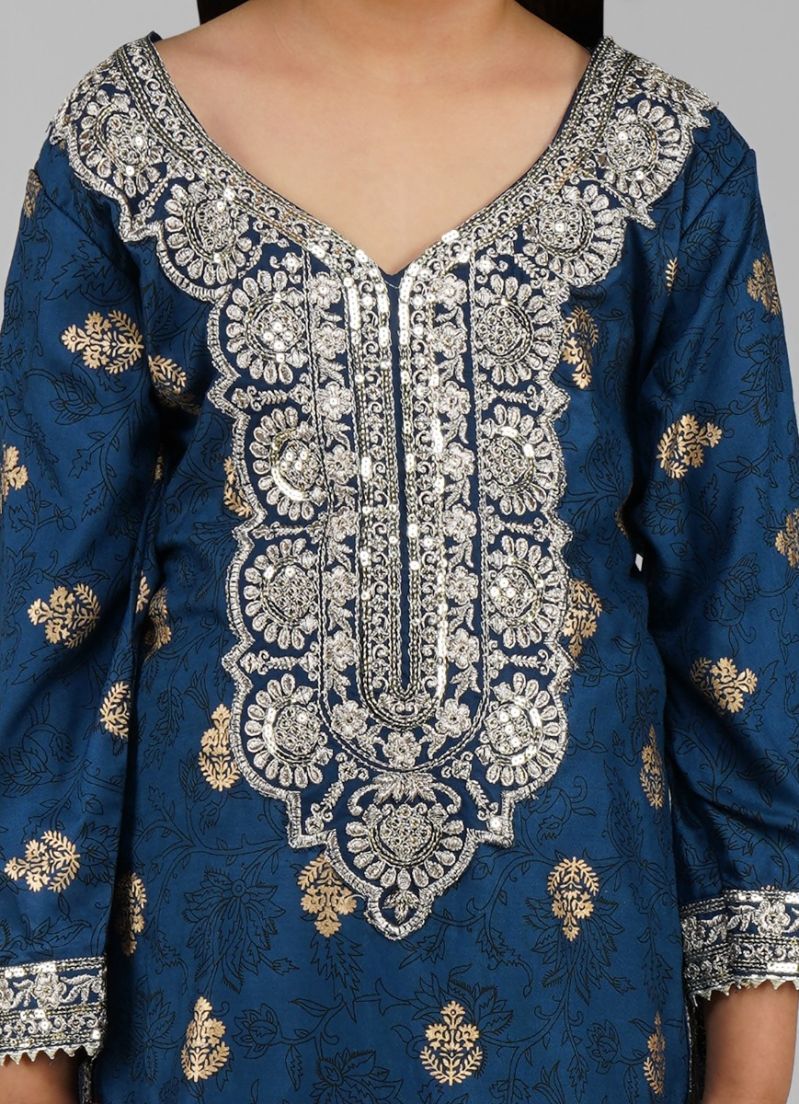 Kids Blue Rayon Gold Foil Straight Suit Set - Image 5