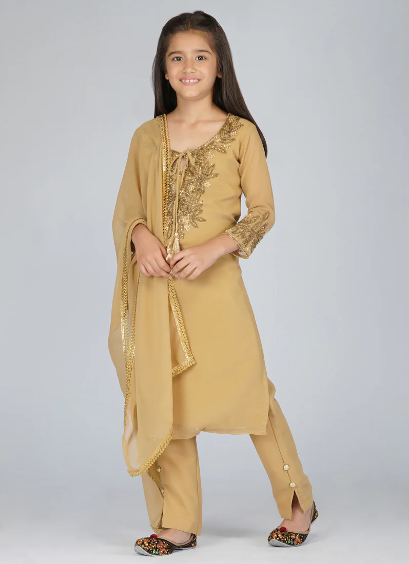 Kids Brown Georgette Straight Cut Suit Set - Image 4
