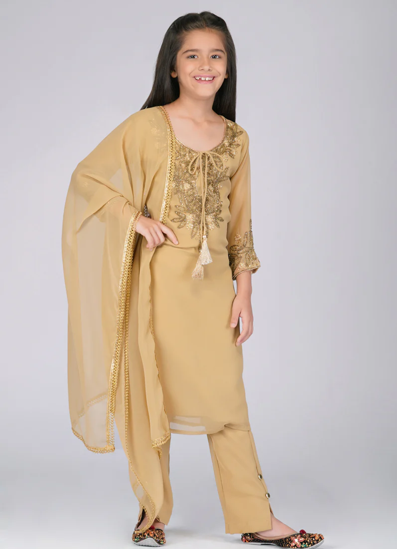 Kids Brown Georgette Straight Cut Suit Set - Image 5