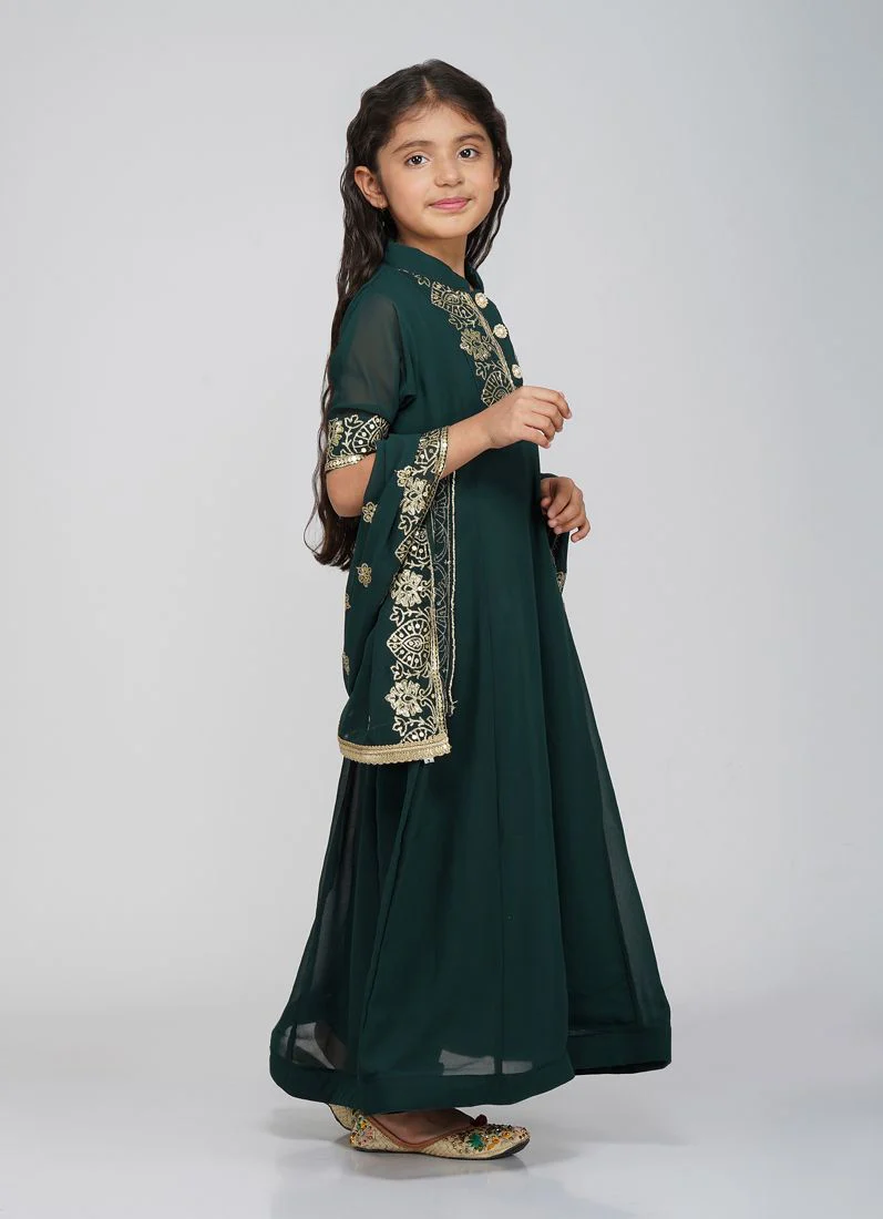 Kids Dark Green Bias Cut Embroidery Suit Set - Image 2