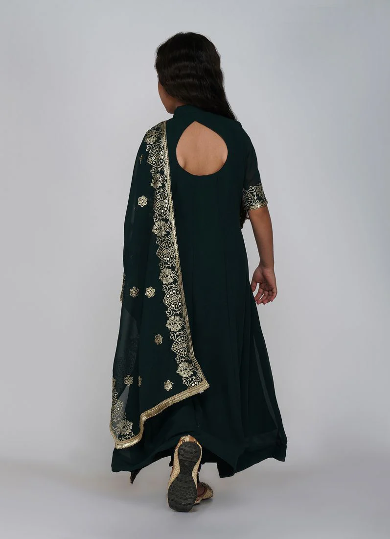 Kids Dark Green Bias Cut Embroidery Suit Set - Image 3