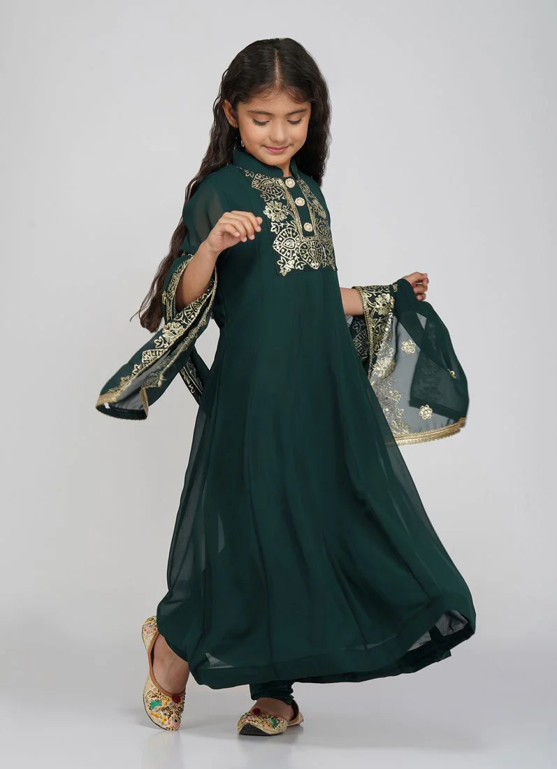 Kids Dark Green Bias Cut Embroidery Suit Set - Image 4