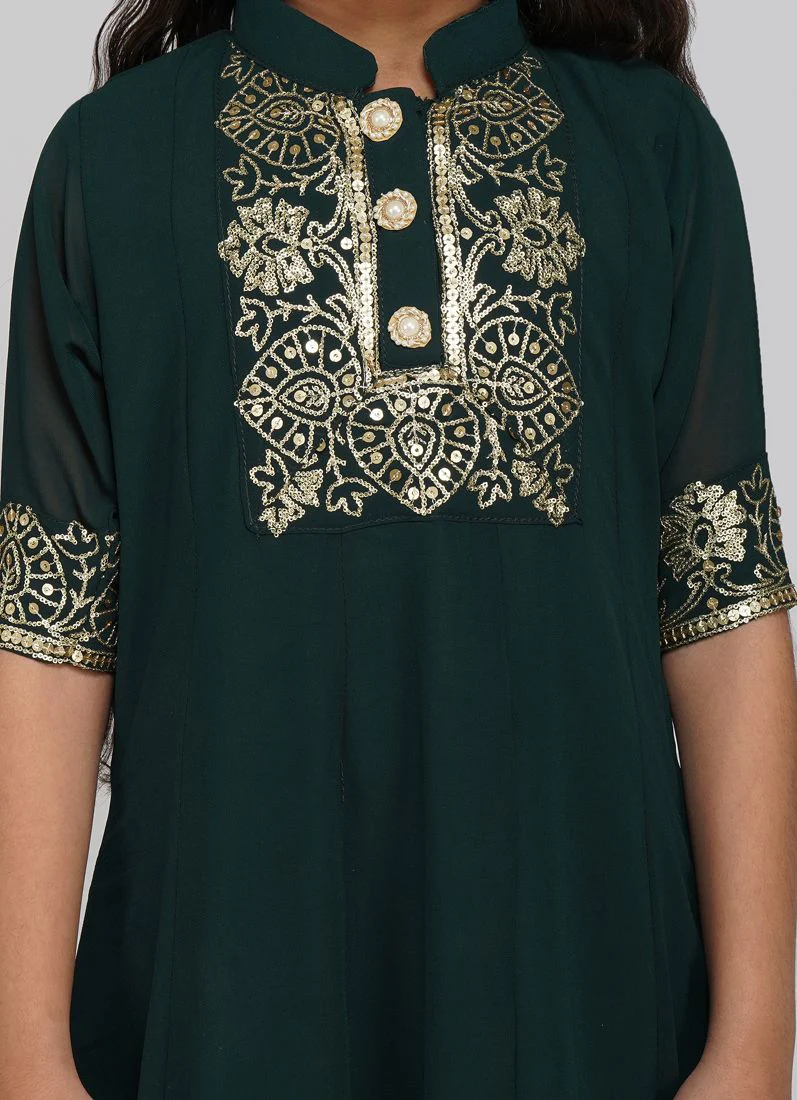 Kids Dark Green Bias Cut Embroidery Suit Set - Image 5