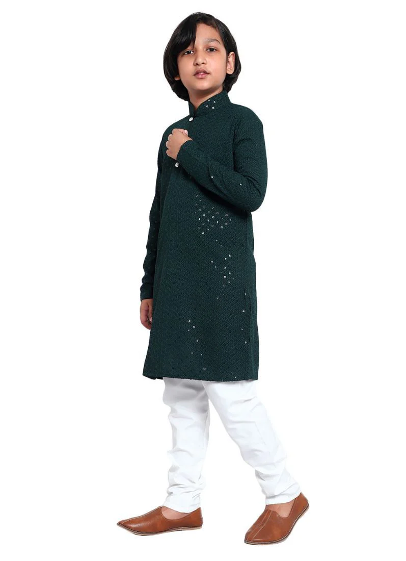Kid's Dark Green Chikankari Kurta Pajama Set - Image 3