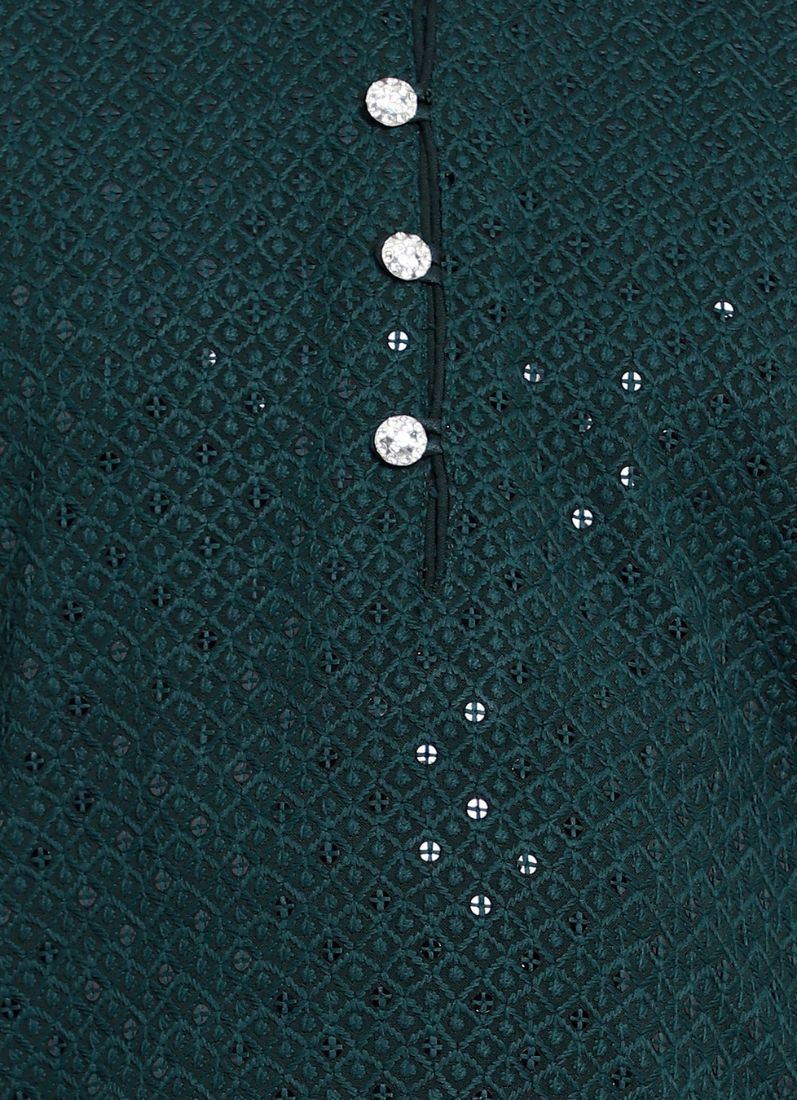 Kid's Dark Green Chikankari Kurta Pajama Set - Image 4