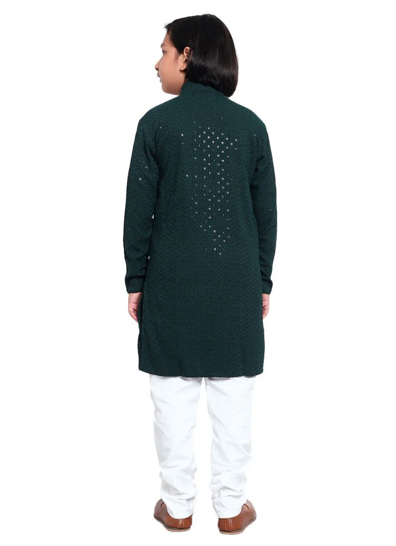 Kid's Dark Green Chikankari Kurta Pajama Set - Image 5