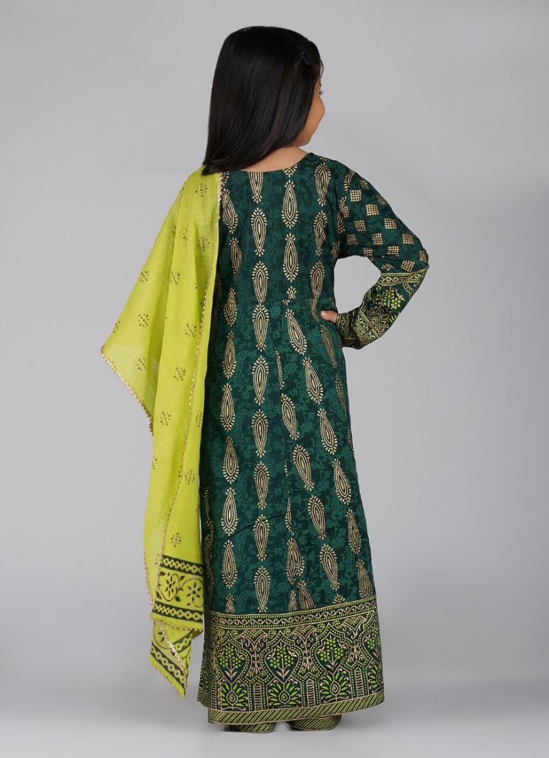 Kids Green Cotton Foil Printed A-line Suit Set - Image 2