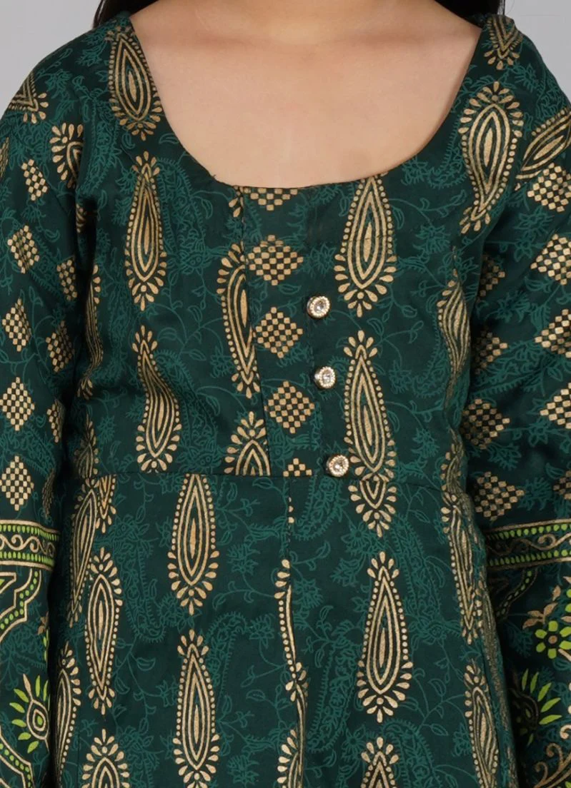 Kids Green Cotton Foil Printed A-line Suit Set - Image 3