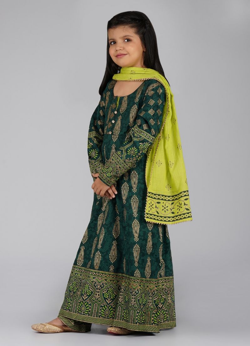 Kids Green Cotton Foil Printed A-line Suit Set - Image 4