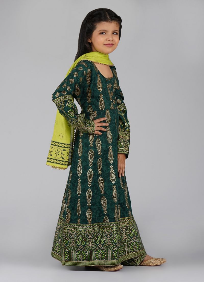 Kids Green Cotton Foil Printed A-line Suit Set - Image 5