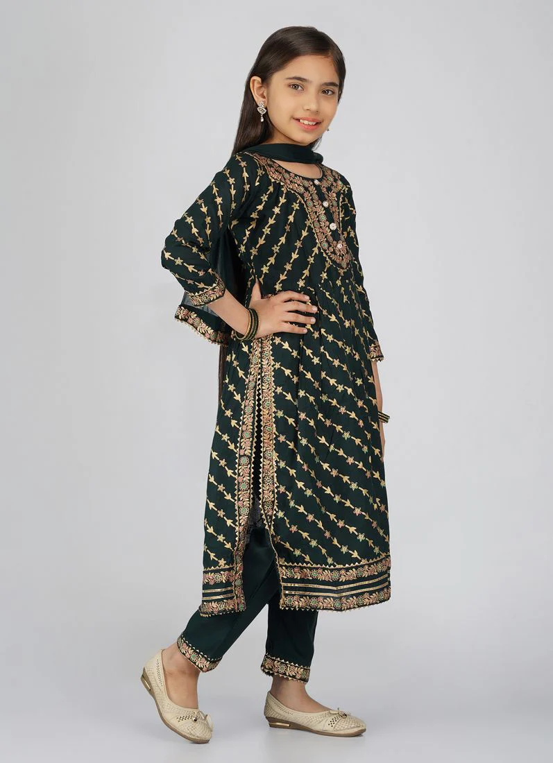 Kids Green Foil Print Rayon Naira Cut Suit Set - Image 3