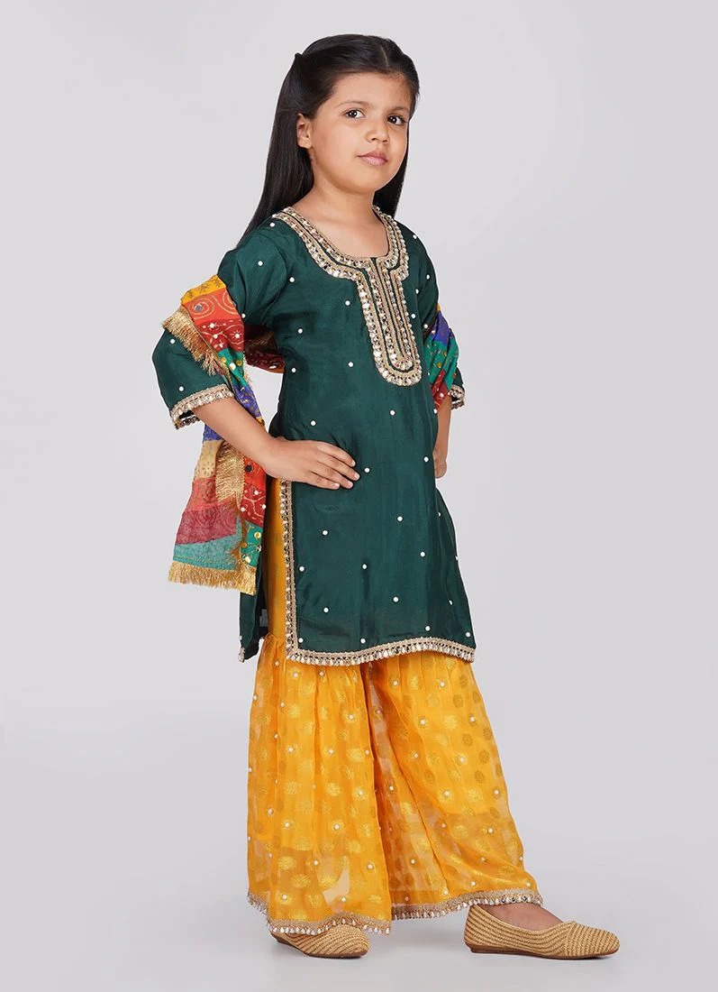 Kids Green Silk Top Multicoloured Embroidered Dupatta Suit Set - Image 3