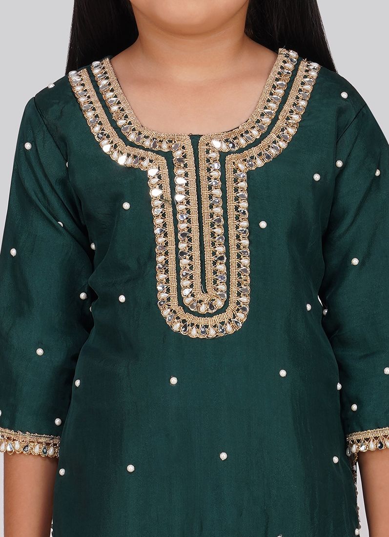 Kids Green Silk Top Multicoloured Embroidered Dupatta Suit Set - Image 4