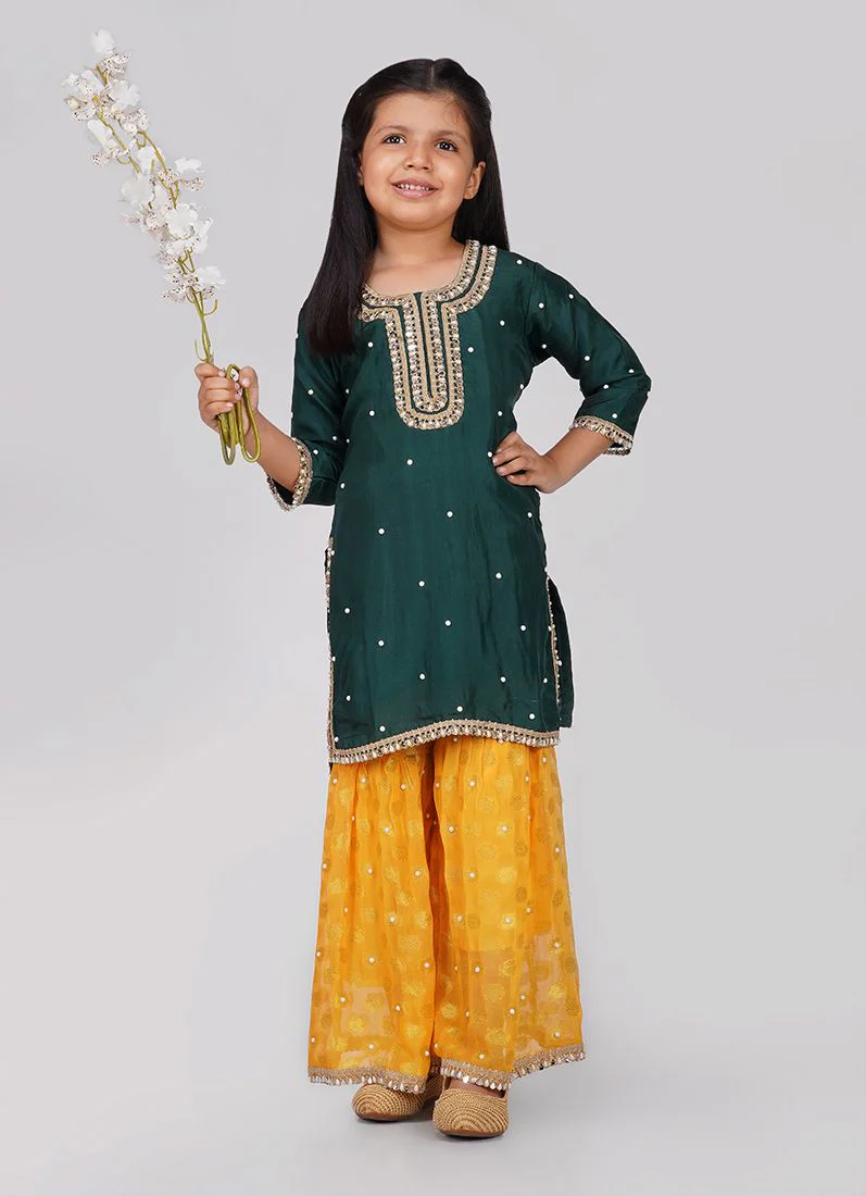 Kids Green Silk Top Multicoloured Embroidered Dupatta Suit Set - Image 5