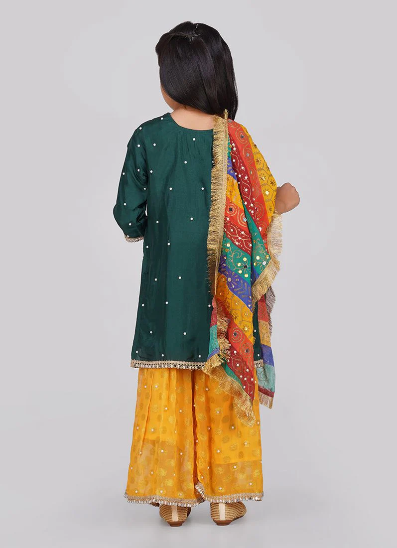 Kids Green Silk Top Multicoloured Embroidered Dupatta Suit Set - Image 6