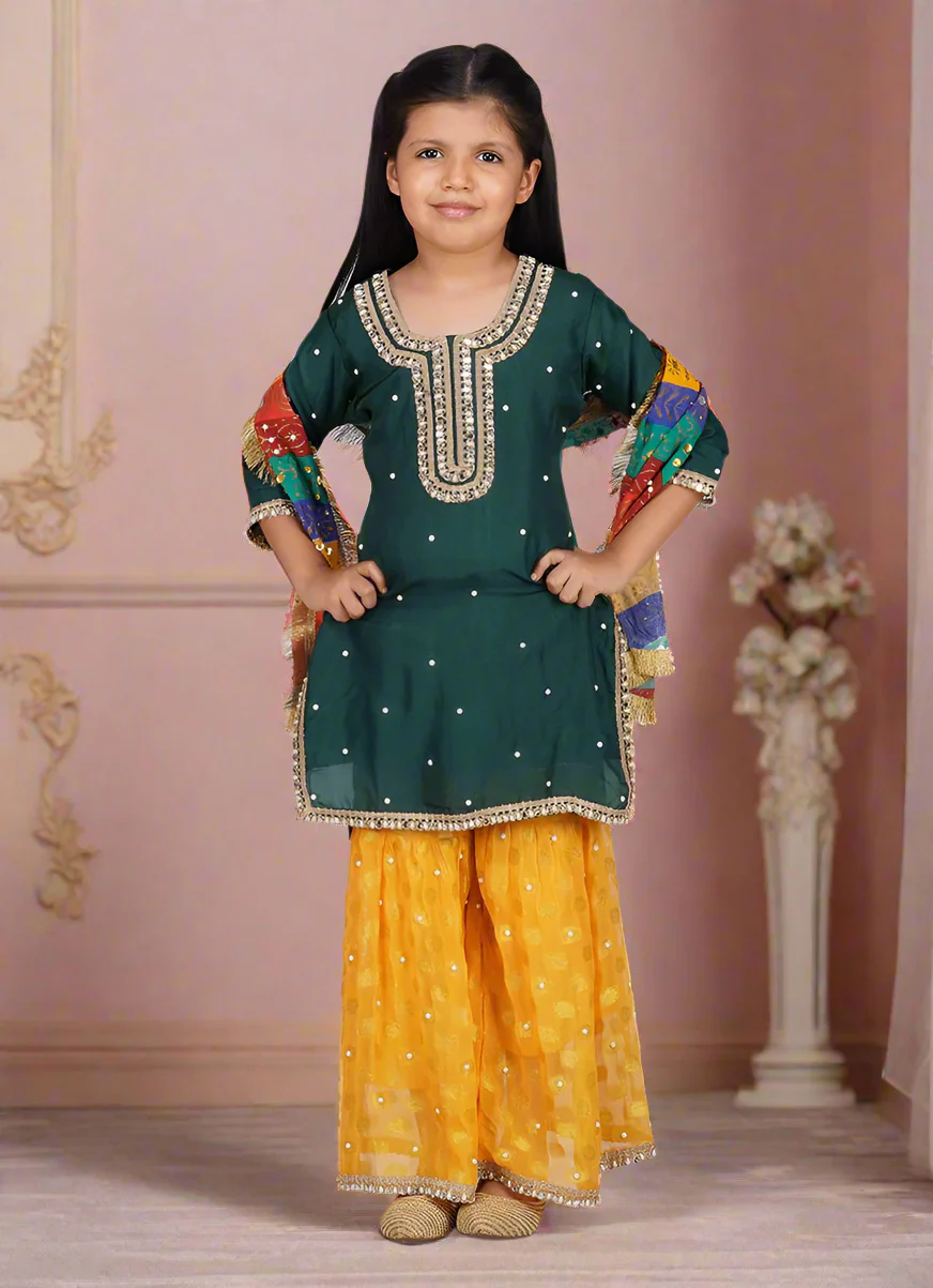 Kids Green Silk Top Multicoloured Embroidered Dupatta Suit Set - Image 7