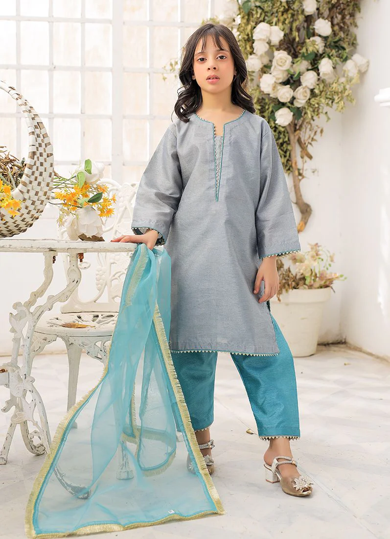 Kid's Grey-Blue Raw Silk Suit Set - Image 2