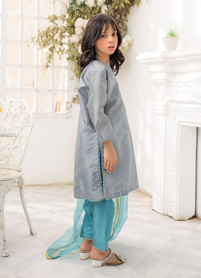 Kid's Grey-Blue Raw Silk Suit Set - Image 3