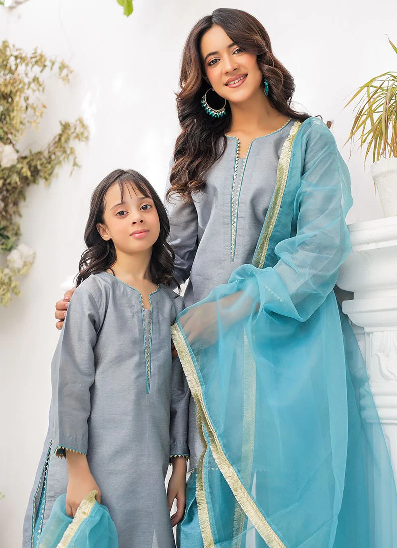 Kid's Grey-Blue Raw Silk Suit Set - Image 4
