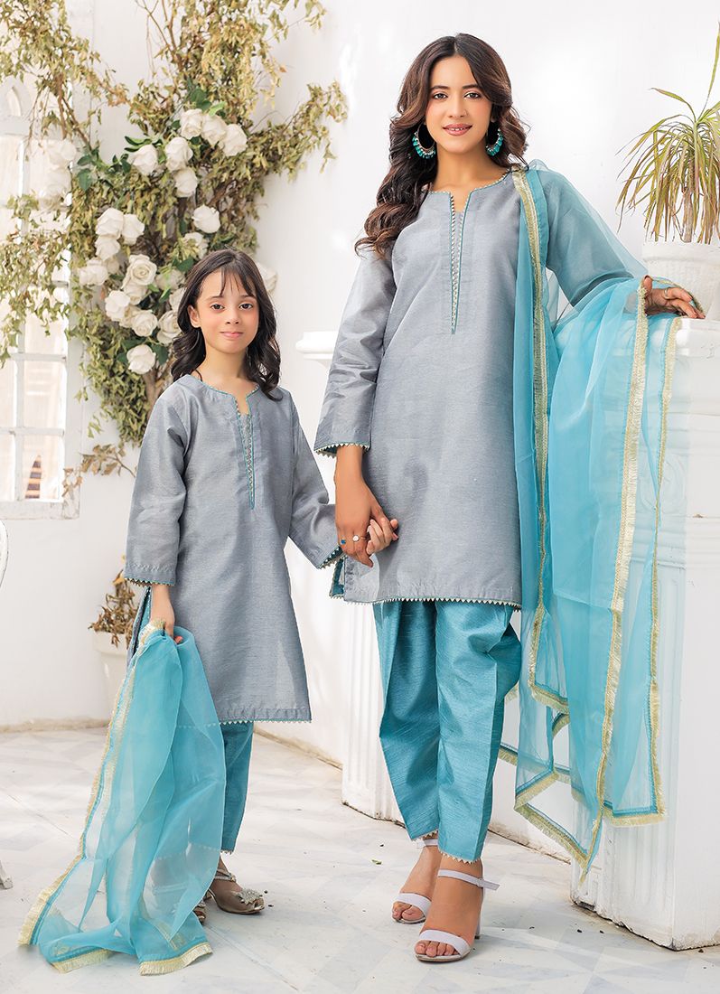 Kid's Grey-Blue Raw Silk Suit Set - Image 5