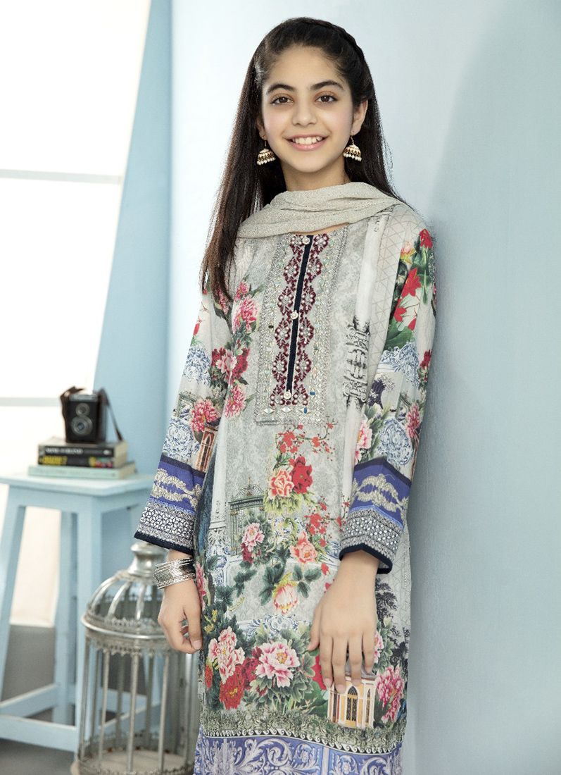 Kids Grey Emroidered Lawn Suit Set - Image 2