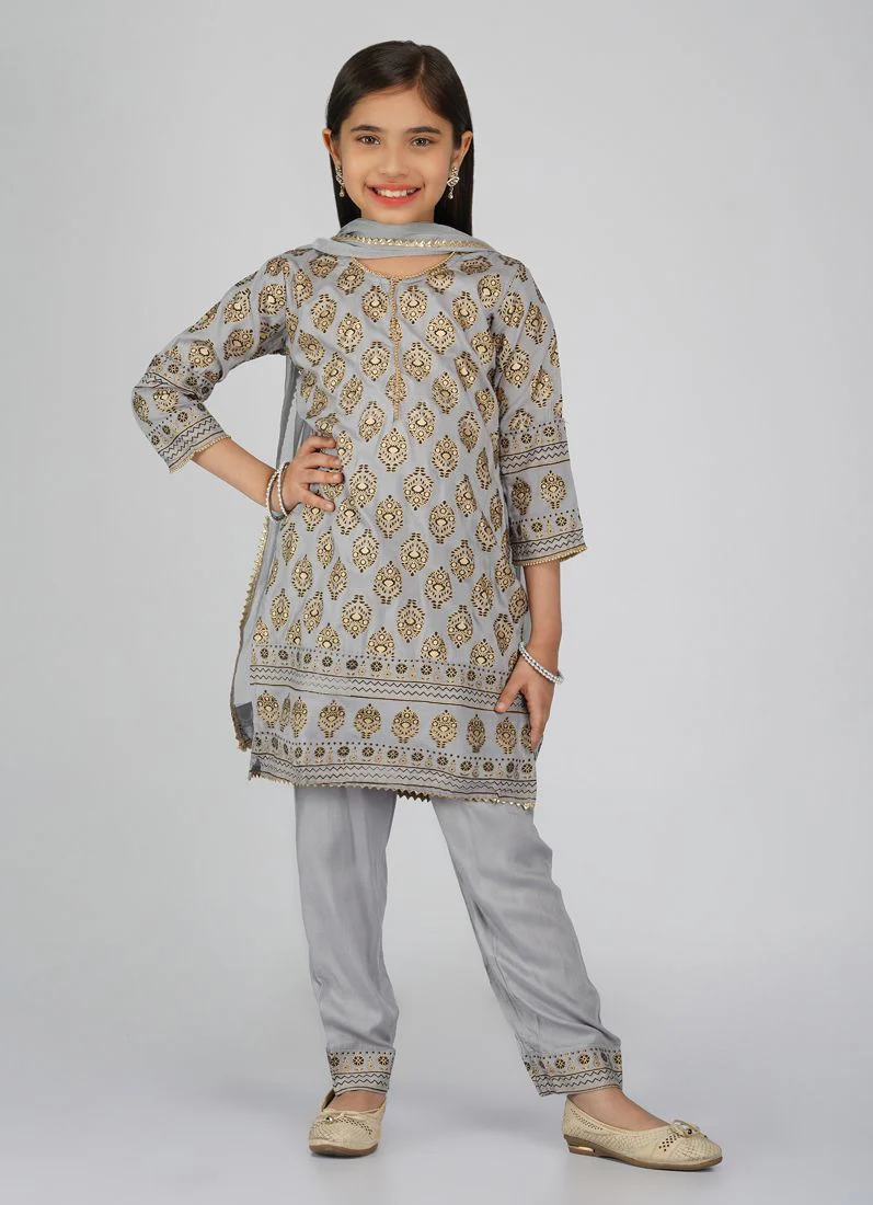 Kids Grey Printed Rayon Shift Style Suit Set - Image 3