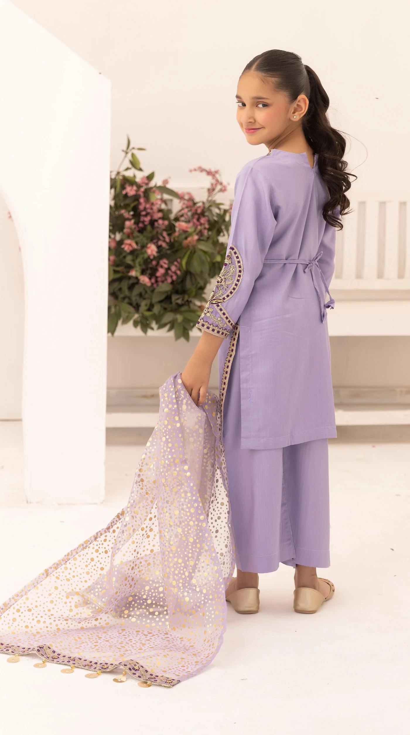 Kid's Lilac Viscose Embroidered Kurta Palazzo Set - Image 3