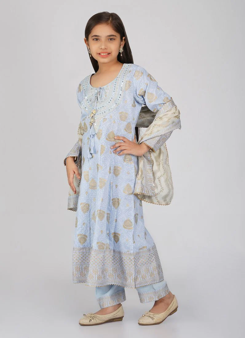 Kids Light Blue Rayon Anarkali Suit Set - Image 2