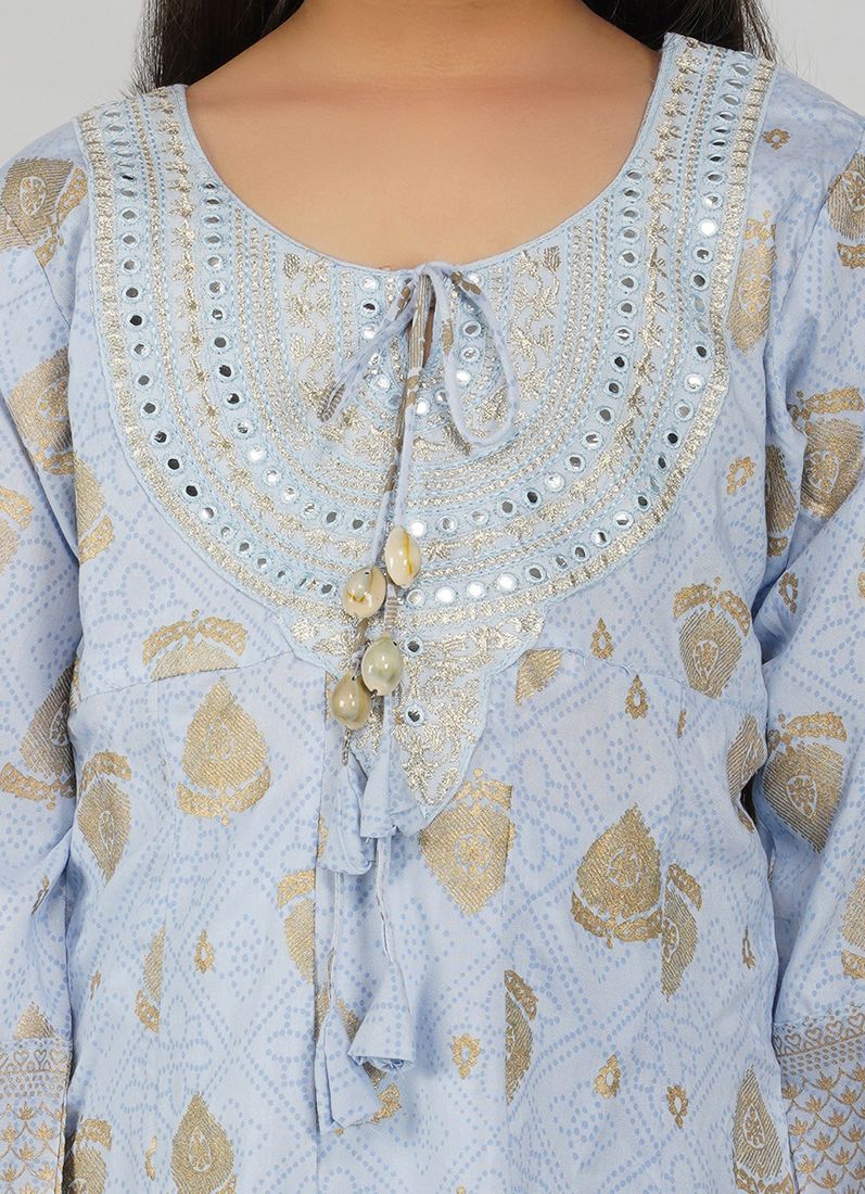 Kids Light Blue Rayon Anarkali Suit Set - Image 4
