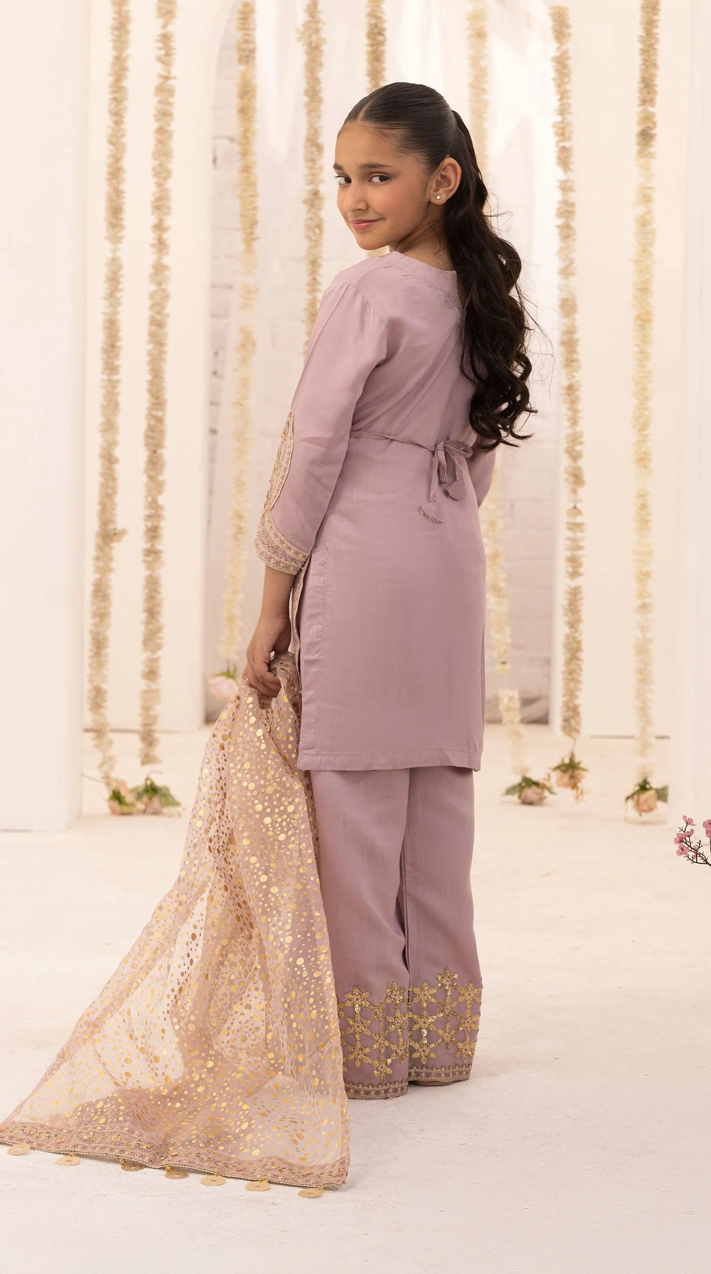 Kid's Purple Viscose Embroidered Kurta Palazzo Set - Image 3