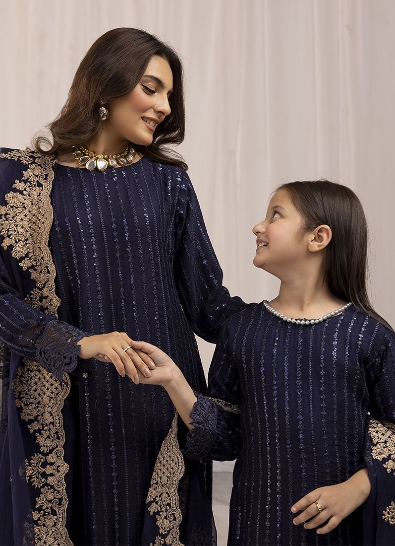 Kid's Midnight Blue Chiffon Embroidered Straight Suit Set - Image 2