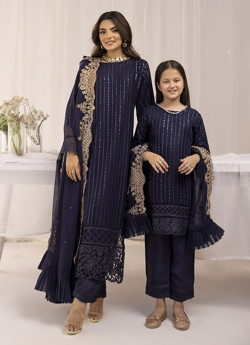 Kid's Midnight Blue Chiffon Embroidered Straight Suit Set - Image 3