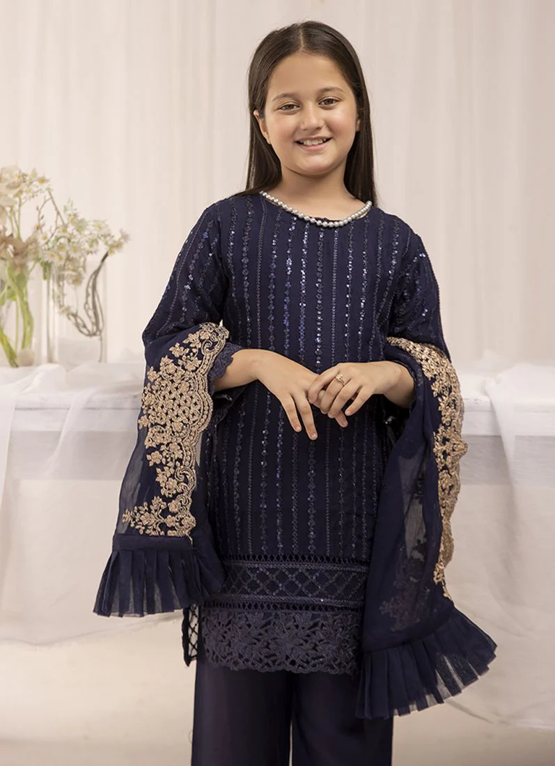 Kid's Midnight Blue Chiffon Embroidered Straight Suit Set - Image 4