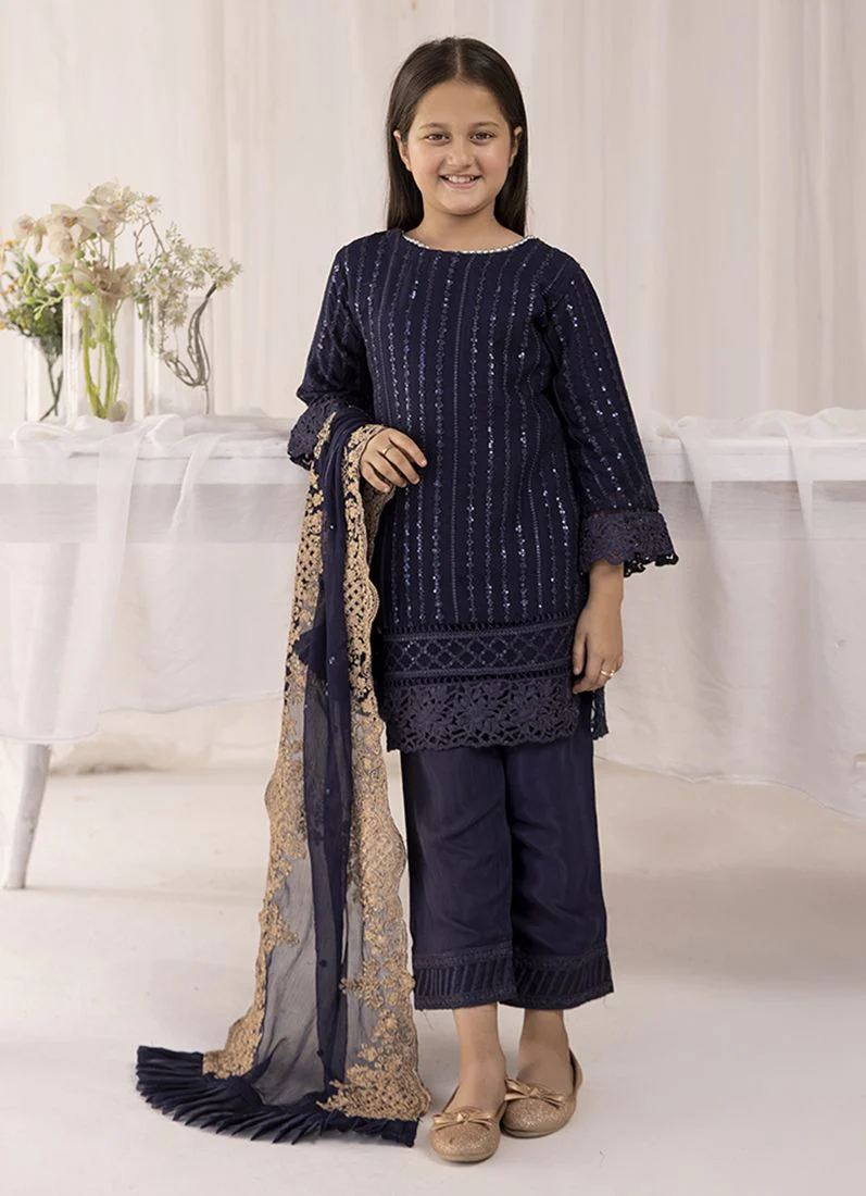 Kid's Midnight Blue Chiffon Embroidered Straight Suit Set - Image 5