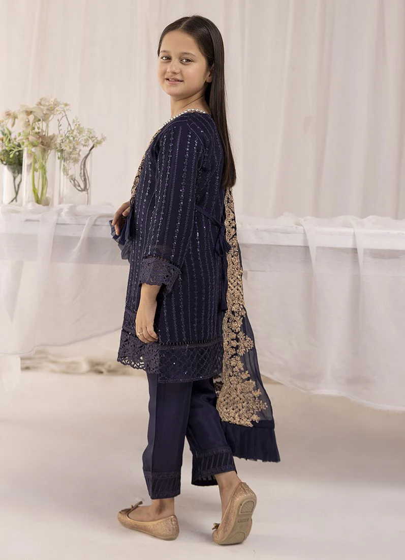 Kid's Midnight Blue Chiffon Embroidered Straight Suit Set - Image 6