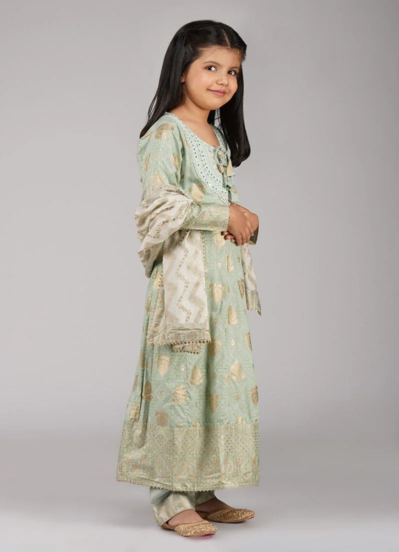 Kids Mint Green Rayon Anarkali Suit Set - Image 2