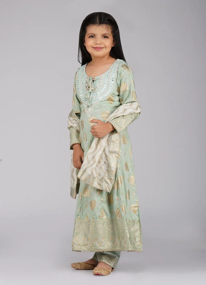 Kids Mint Green Rayon Anarkali Suit Set - Image 3